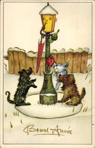 Ak Glückwunsch Neujahr, Laterne mit einem Regenschirm, Drei Hunde, Marienkäfer