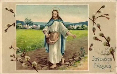 Präge Ak Glückwunsch Ostern, Jesus beim Aussäen, Weidenkätzchen