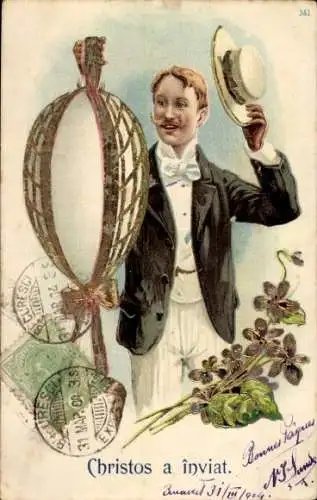 Ak Glückwunsch Ostern, Osterei, Mann mit Hut, Blumen