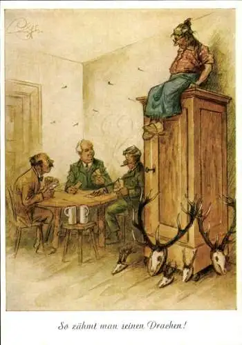 Künstler Ak Geilfus, H., So zähmt man seinen Drachen, Jäger spielen Karten, Geweihe