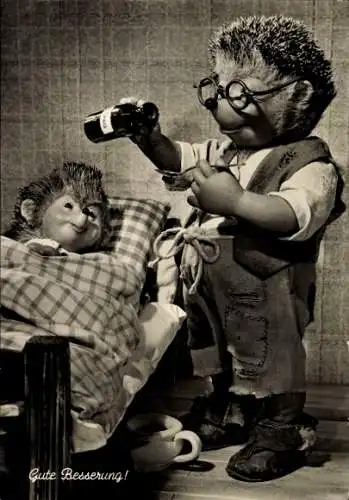 Ak Mecki der Igel, Gute Besserung, Mecki mit Medikament, Krankes Igelkind