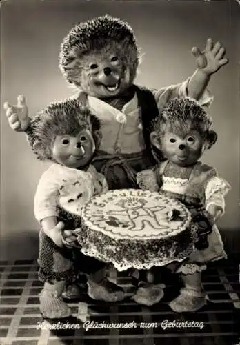 Ak Glückwunsch Geburtstag, Mecki der Igel, Igelkinder, Kuchen