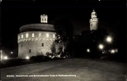 Ak Görlitz, Kaisertrutz m. Reichenbacher Turm, Nacht