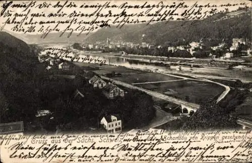 Ak Bad Schandau Sächsische Schweiz, Blick über Landschaft, Fluss, Häuser, Bergen
