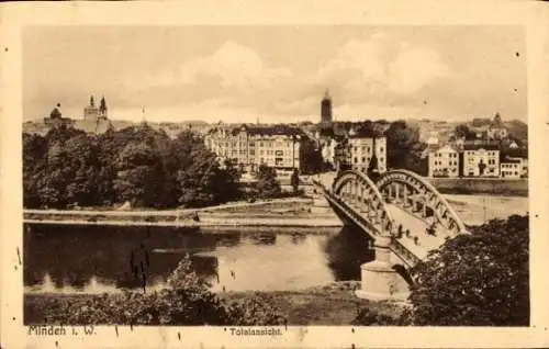 Ak Minden in Westfalen, Brücke, Häuser, Bäume, Gesamtansicht, Fluss