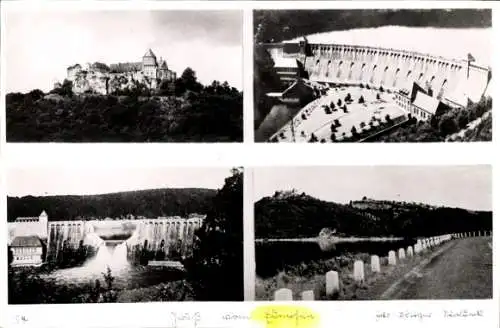 Ak Waldeck am Edersee Hessen, Bilder von der Burg, Staumauer, Natur, Wasserfall