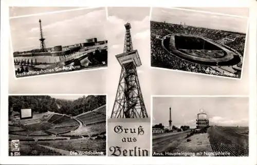 Ak Berlin Charlottenburg Westend, Funkturm, Ausstellungshallen, Olympiastadion, Waldbühne, Avus