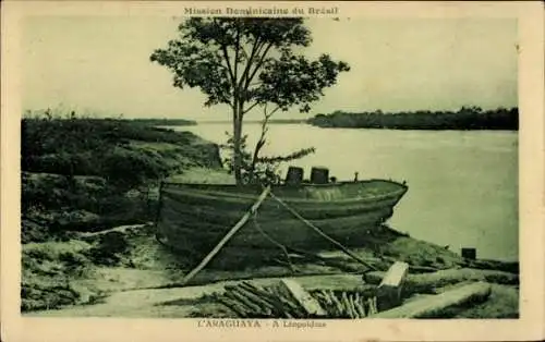 Ak Belém Brasilien, Boot am Wasser, Baum, Flusslandschaft, Mission Dominicaine