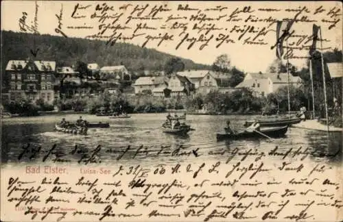 Ak Bad Elster im Vogtland,  Luisa-See, Boote auf dem Wasser, Landschaft im Hintergrund