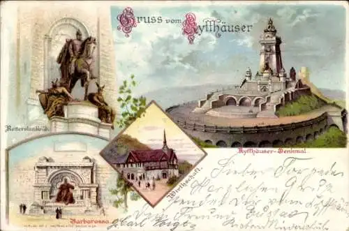 Litho Steinthaleben Kyffhäuserland, Denkmal, Barbarossa und Reiterstandbild, Wirtschaft