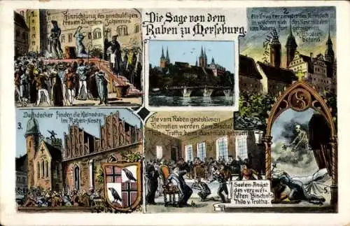 Ak Merseburg an der Saale, Illustrationen zur Sage von dem Raben,  Innenraum einer Kirche, Bis...