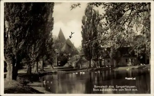 Ak Bornstedt in Sachsen Anhalt, Kirche vom Teich aus gesehen