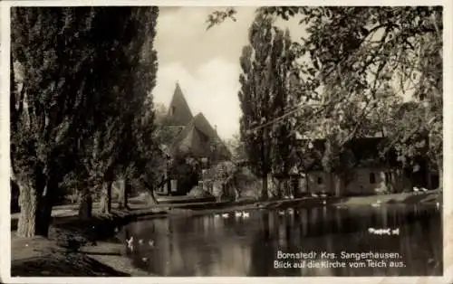 Ak Bornstedt in Sachsen Anhalt, Kirche, Teich, Bäume, schwarz-weiß Fotografie