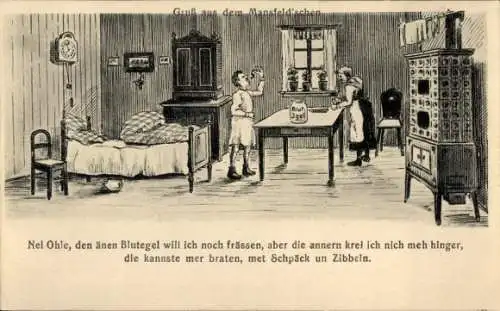 Ak Mansfeld im Harzvorland, Historische Szene, Kücheneinrichtung, Bezug zu Blutegeln, Text auf...
