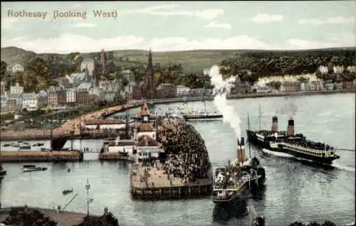 Ak Rothesay Schottland, Hafenansicht, Dampfschiffe, Menschenmenge
