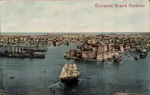 Ak Valletta Malta, Hafenansicht, Segelschiffe, Stadtansicht, historische Gebäude