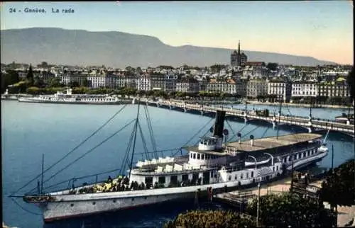 Ak Genf Stadt Schweiz, Dampfschiff "La Suisse" am Steg, Mont-Blanc, Berg Salève