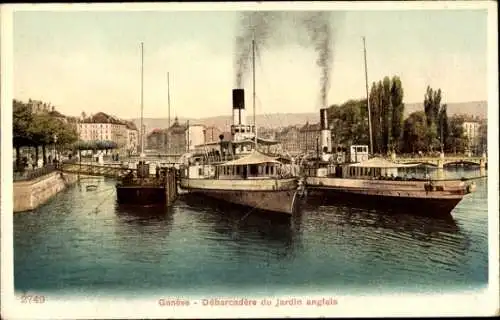 Ak Genf Stadt Schweiz,  Débarcadère du Jardin anglais, Dampfschiffe, Hafenansicht, Altstadt
