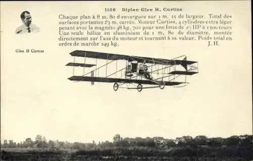 Ak Flugpionier Glen H. Curtiss, Flugzeug, Biplan
