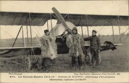 CPA Grande Guerre 1914-1915, Atterrissage d'un aeroplane, Observateur Capitaine Laurent