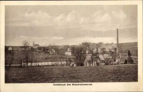 Ak Goldbach Bischofswerda im Kreis Bautzen, Feldlandschaft, Häuser, Kirchturm, Fabrikschornstein