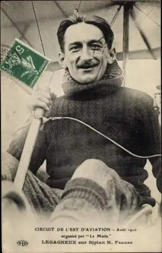 Ak Circuit de l'Est d'Aviation 1910, Legagneux sur Biplan H. Farman, Pilot