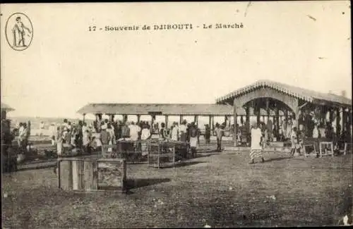 Ak Djibouti Dschibuti, Markt mit vielen Menschen, einfache Stände, historische Architektur