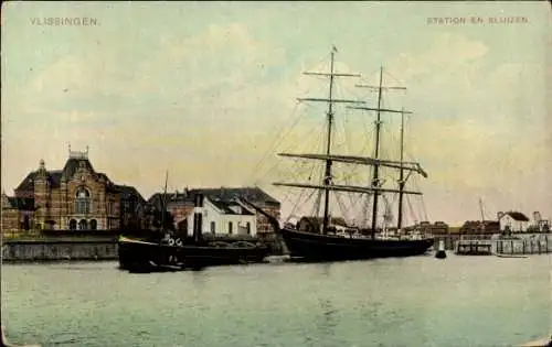 Ak Vlissingen Zeeland Niederlande, Hafenmit Schiff, Stadthaus, Gebäude