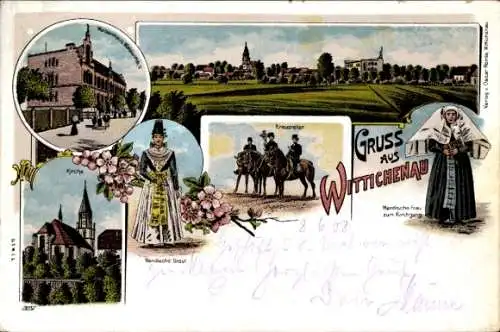 Litho Wittichenau in der Oberlausitz, Kirche, Wendische Trachten, Braut, Kreuzreiter