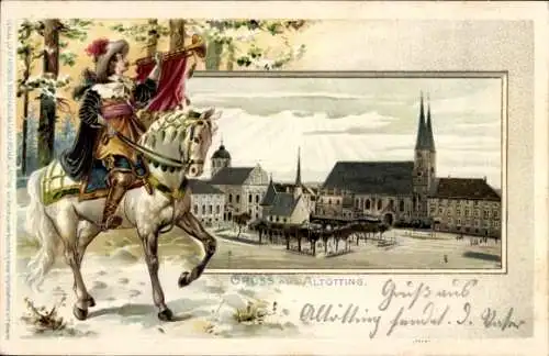 Präge Passepartout Litho Horn Altötting in Oberbayern, Marktplatz, Kirche, Trompeter von Säckingen
