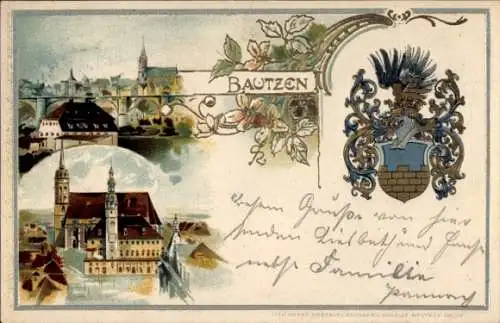 Präge Litho Bautzen in der Oberlausitz, Gesamtansicht, Wappen, Kirche