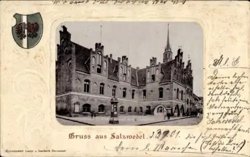 Präge Ak Salzwedel in der Altmark, Platz, Gebäude, Wappen