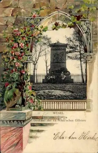 Präge Passepartout Litho Wesel am Niederrhein, Denkmal der 11. Schill'schen Offiziere