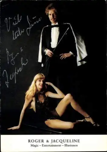 Ak Schauspieler Roger und Jacqueline, Portrait, Magic, Entertainment, Illusionen, Autogramm