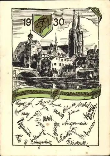 Ak Regensburg an der Donau Oberpfalz, Wappen, 1930, Oberrealschule, Unterschriften