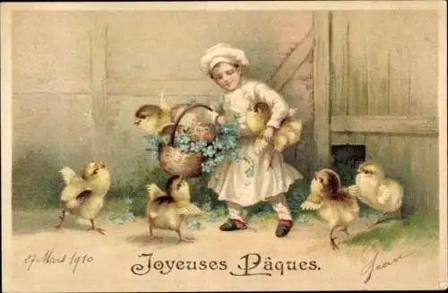 Litho Glückwunsch Ostern, Joyeuses Paques, Kind mit Küken, Vergissmeinnicht