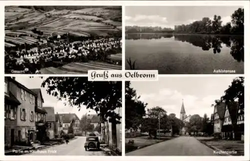 Ak Ölbronn-Dürrn in Baden-Württemberg, Gesamtansicht, Kaufhaus Frick, Kirchpartie, See