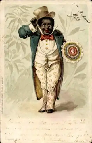 Litho Herzliche Geburtstagsgrüße, Mann mit Blumenstrauß