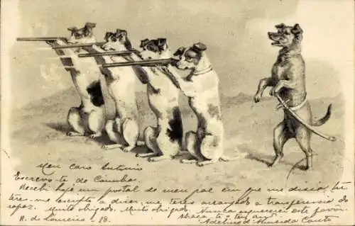 Präge Ak Vermenschlichte Hunde, Terrier mit Gewehren