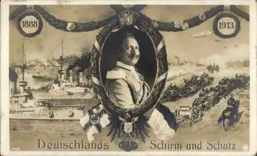 Passepartout Ak Kaiser Wilhelm II., Zeppelin, Deutsches Kriegsschiff, Deutschlands Schirm und Schutz