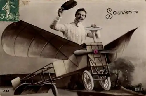 Fotomontage, Mann im Flugzeug posierend