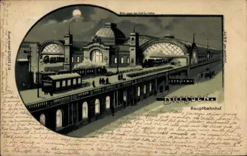 Halt gegen das Licht Mondschein Litho Dresden, Hauptbahnhof bei Nacht