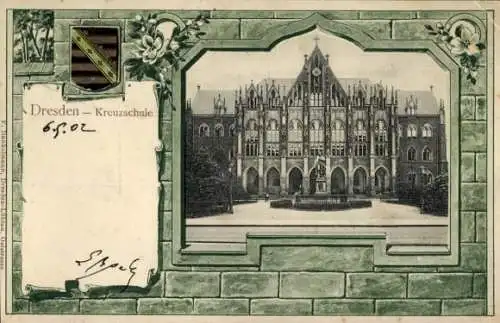 Präge Wappen Passepartout Ak Dresden Altstadt, Kreuzschule