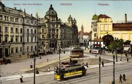 Ak Dresden Altstadt, Postplatz, Straßenbahn, Ober-Post-Direktion