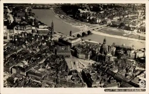 Ak Dresden, Luftbild, Stadtansicht, Fluss, Brücke
