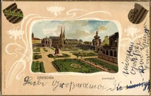 Präge Wappen Passepartout Litho Dresden Altstadt, Zwinger