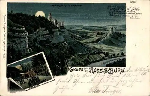 Mondschein Litho Bad Kösen Naumburg an der Saale, Rudelsburg, Burghof
