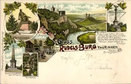 Litho Bad Kösen Naumburg a.d. Saale, Rudelsburg, Bismarckdenkmal, Denkmal gefallener Corpsstudenten