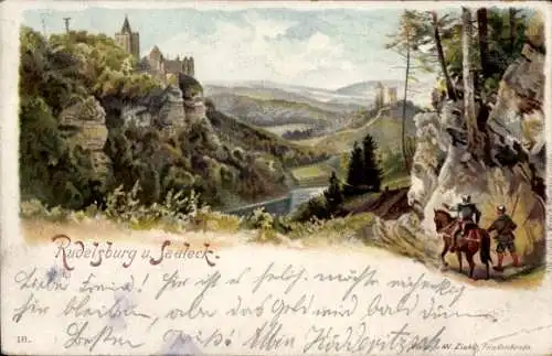 Litho Saaleck Bad Kösen Naumburg an der Saale, Rudelsburg und Saaleck, Ritter