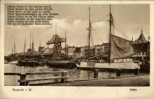 Ak Rostock, Blick auf den Hafen, Boote, Gedicht, Steg
